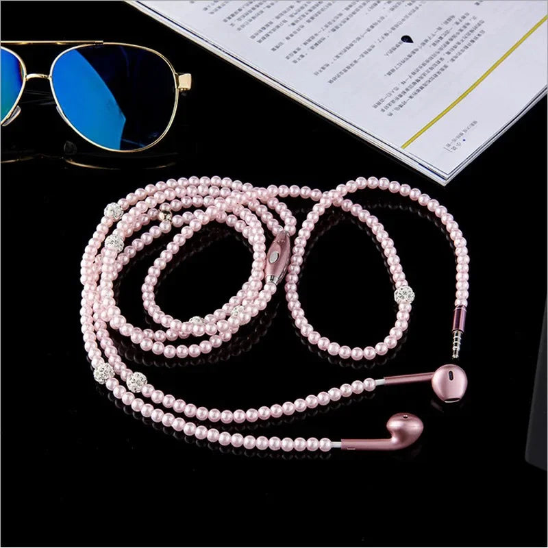 VAORLO 3.5mm Pearl Necklace Earphone Pink Rhinestone Jewelry In-Ear Headphone With Mic For Samsung Xiaomi Girl Birthday Gift