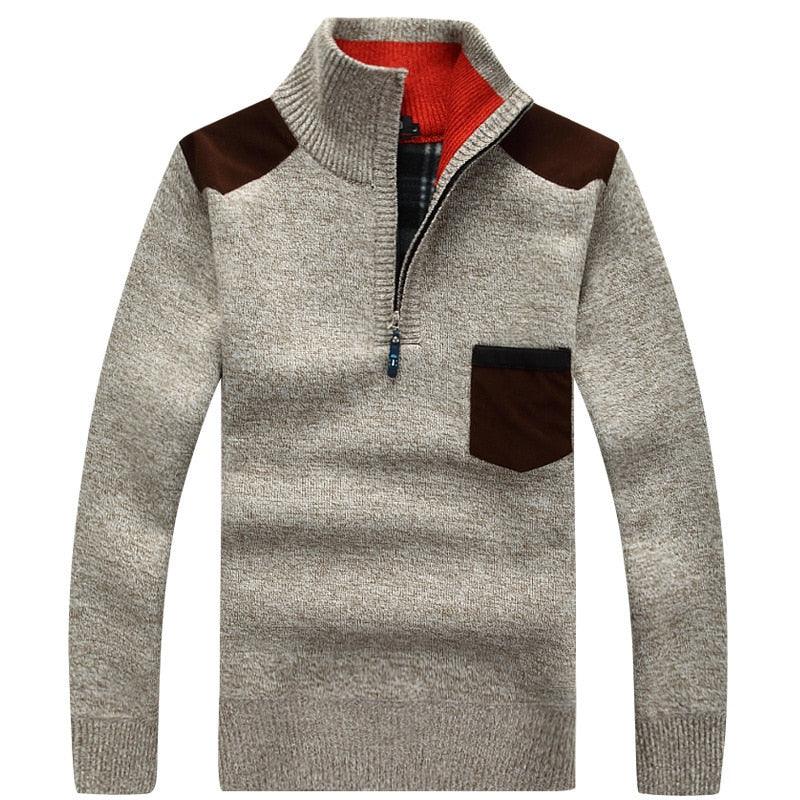 New Winter Mens Pullover Knitted Sweater Male Wool Fleece Thick Casual Pullover Patchwork Warm Pocket Sweater Standing Collar LUXLIFE BRANDS