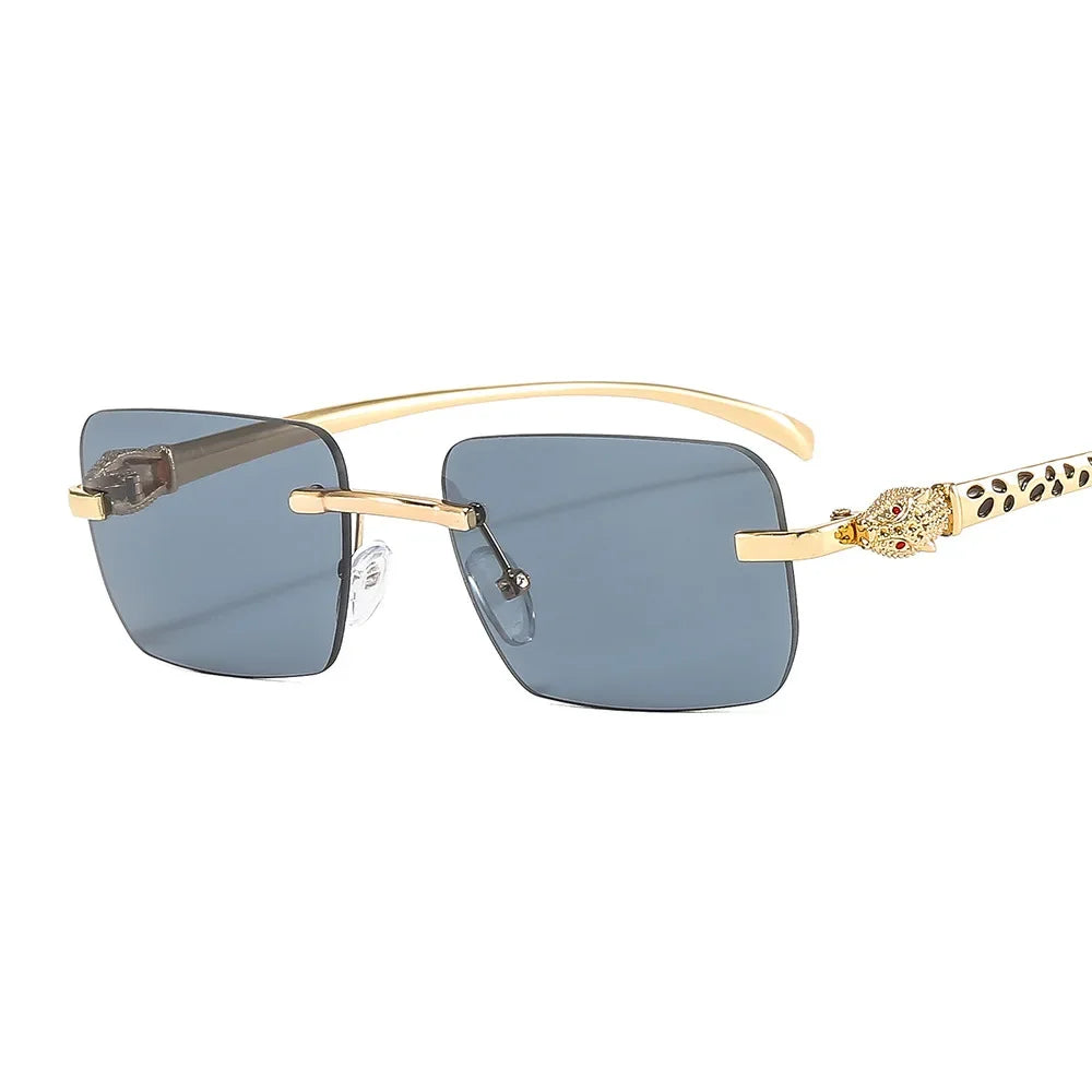 Vintage Fashion Rimless Small Square Sunglasses Women Men Luxury Brand Designer Travel Driving Metal Leopard Head Sun Glasses Luxlife Brands