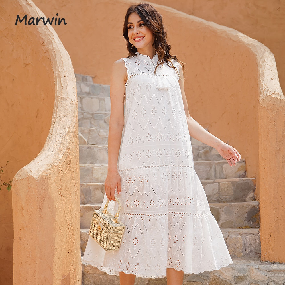 Marwin Long Simple Casual Solid Hollow Out Pure Cotton Holiday Style High Waist Fashion Mid-Calf Summer Dresses NEW Vestidos
