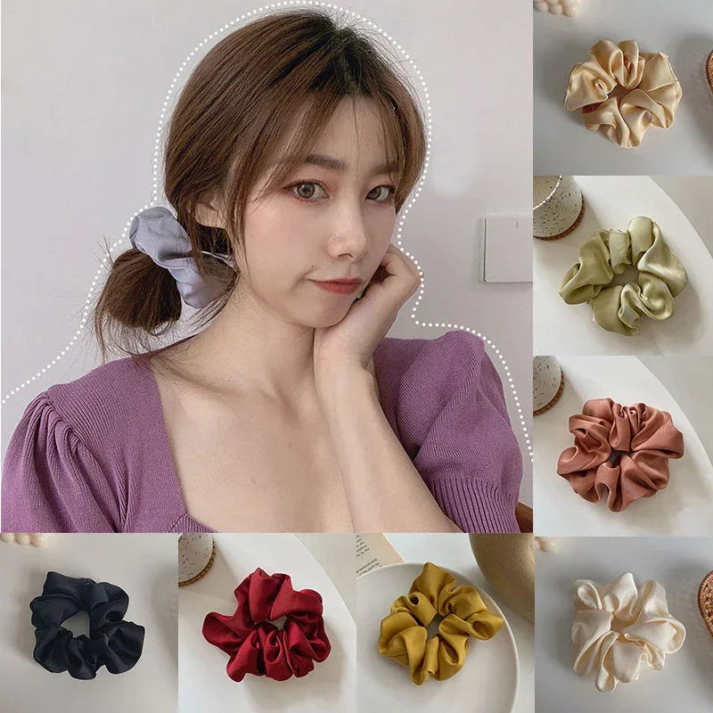 Women Silk Scrunchie Elastic Handmade Multicolor Hair Band Ponytail Holder Headband Hair Accessories 1PC Satin Silk Solid Color LUXLIFE BRANDS