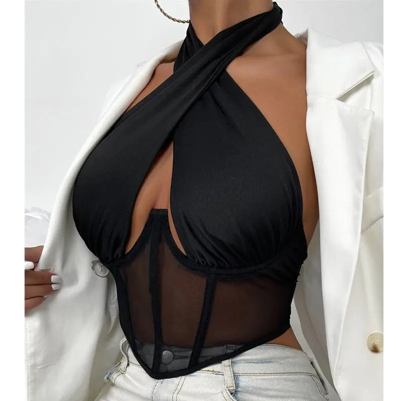 wsevypo Sexy Cross Halter Corset Bustier Mesh Bone Tank Tops Women Tie Up Wrap Tube Tops Backless Slim Fit Cut Out Front Tops