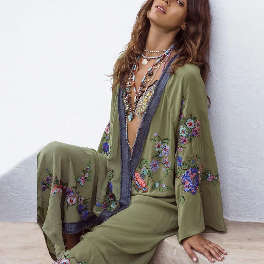 Long Boho Floral Embroidery Beach Kimono LUXLIFE BRANDS
