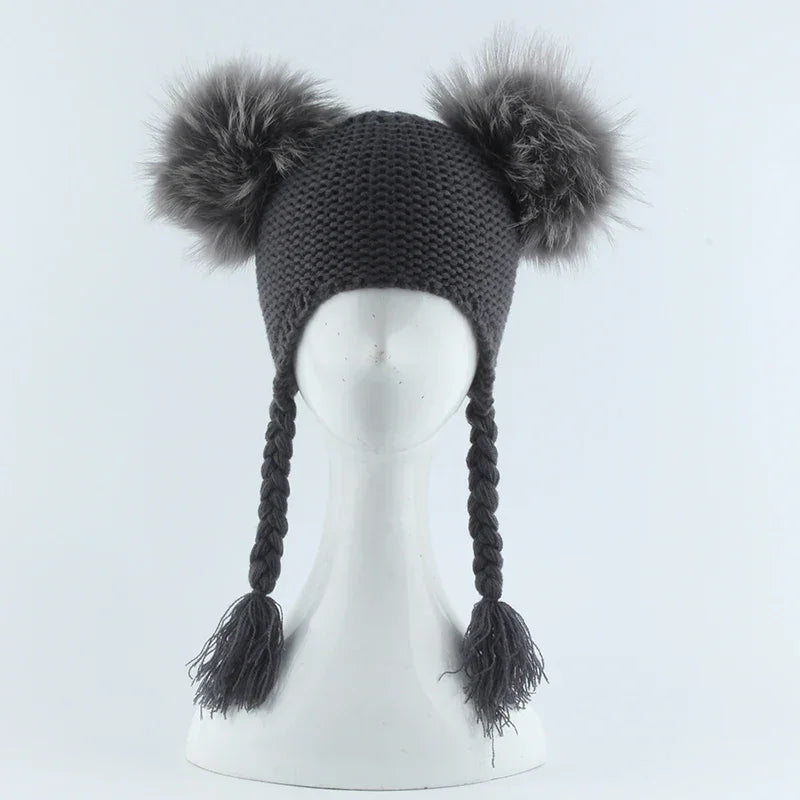 New Autumn Winter Baby Kids Beanie 15 CM Real Fur Pompom Hat For Children Warm Wool Knitted Earflap Cap LUXLIFE BRANDS