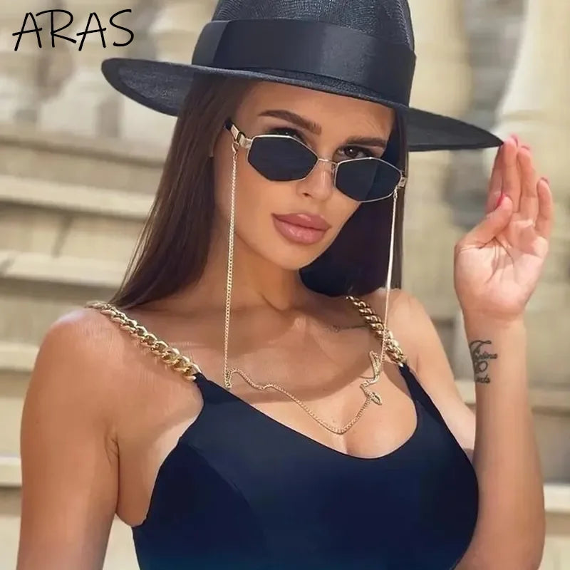 Trendy Retro Hexagon With Chain Sunglasses Women 2023 Brand Designer Unique Polygonal Sun Glasses For Female Small Frame Eyewear LUXLIFE BRANDS