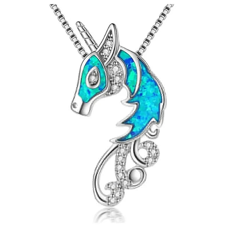 Boho Fashion Sea Animal Dolphin Pendant Necklace for Women Girl Inlay Imitation Blue Opal Necklace Wedding Party Jewelry