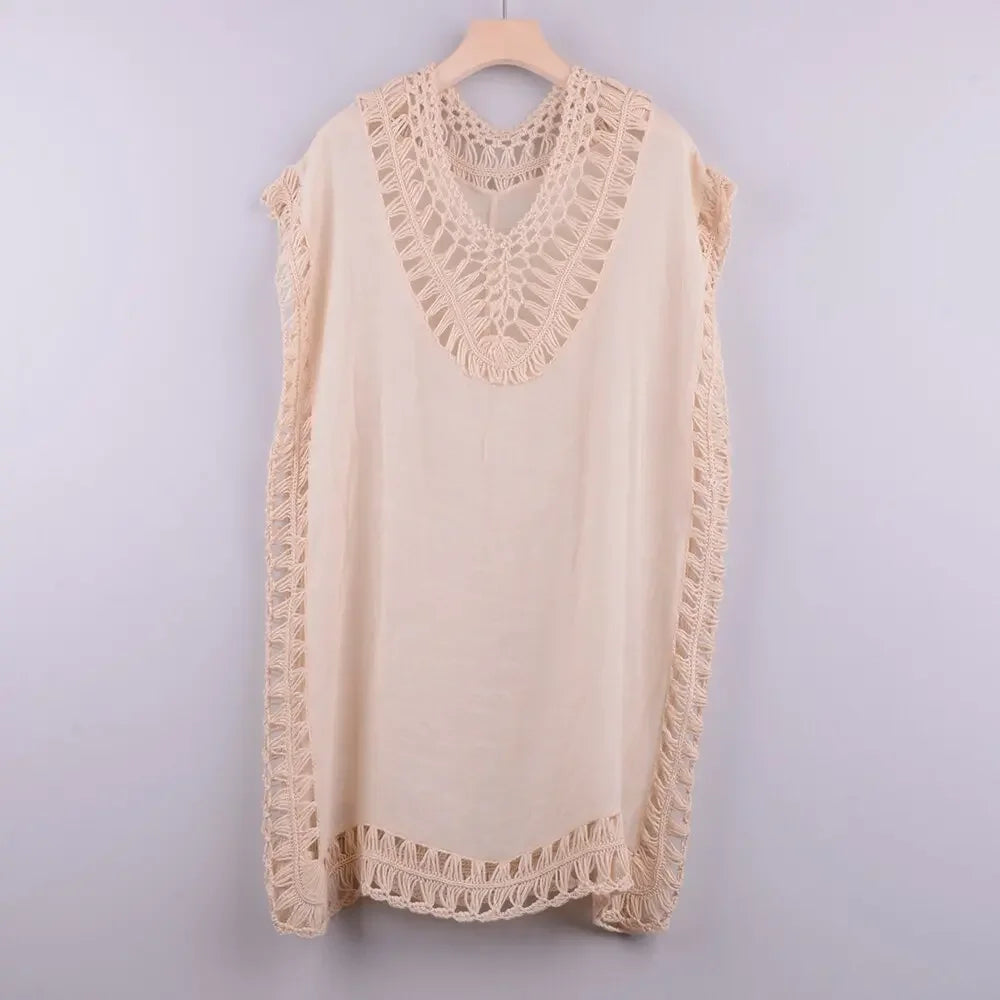 Embroidery Coverups For Women Tunic Beach Cover Up Dress Solid Blouse Beachwear Lace Fishnet Bikini Wrap 2021 Black Cover-Up