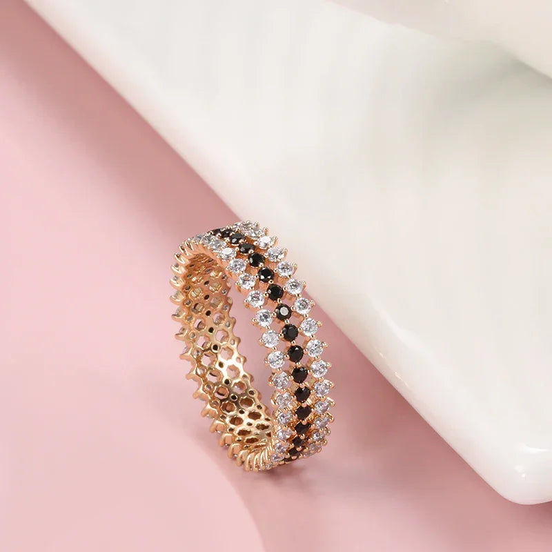 Kinel Hot Fashion 585 Rose Gold Rings For Women Vintage Accessories Full Black White Natural Zircon Shiny Ring Fine Jewelry