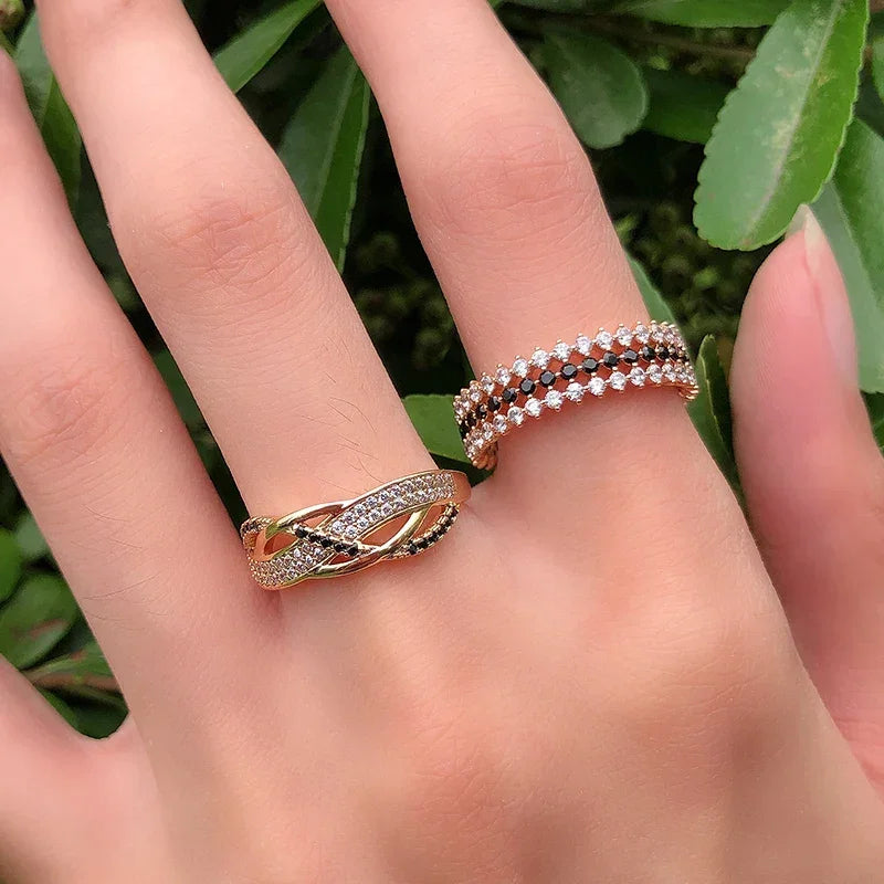 Kinel Hot Fashion 585 Rose Gold Rings For Women Vintage Accessories Full Black White Natural Zircon Shiny Ring Fine Jewelry