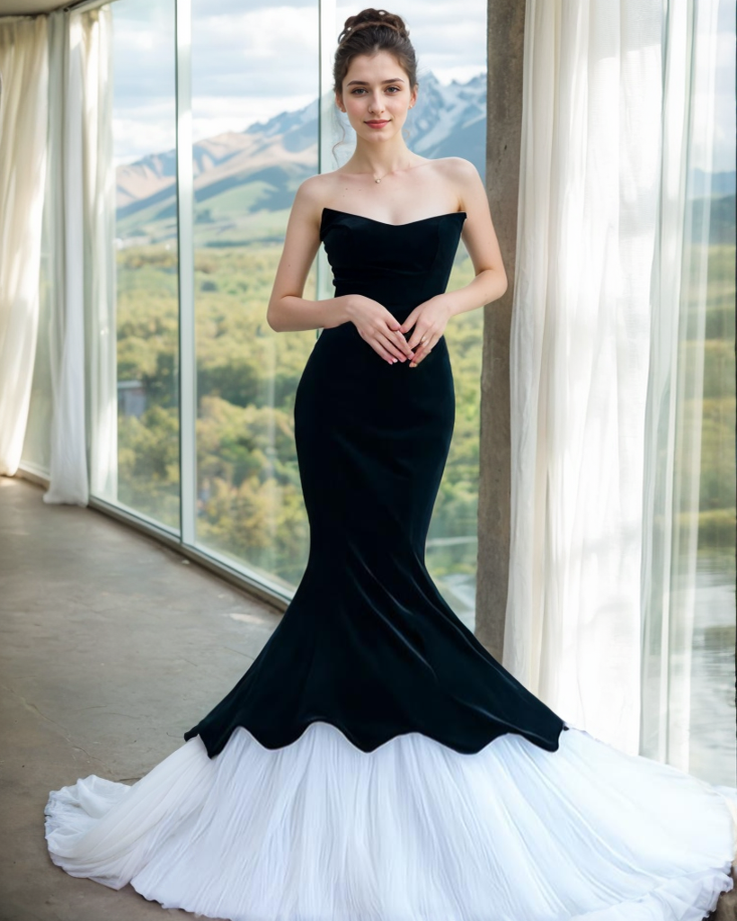 Herpben style strapless black velvet white tulle mermaid prom dress SelenaHuanStudio