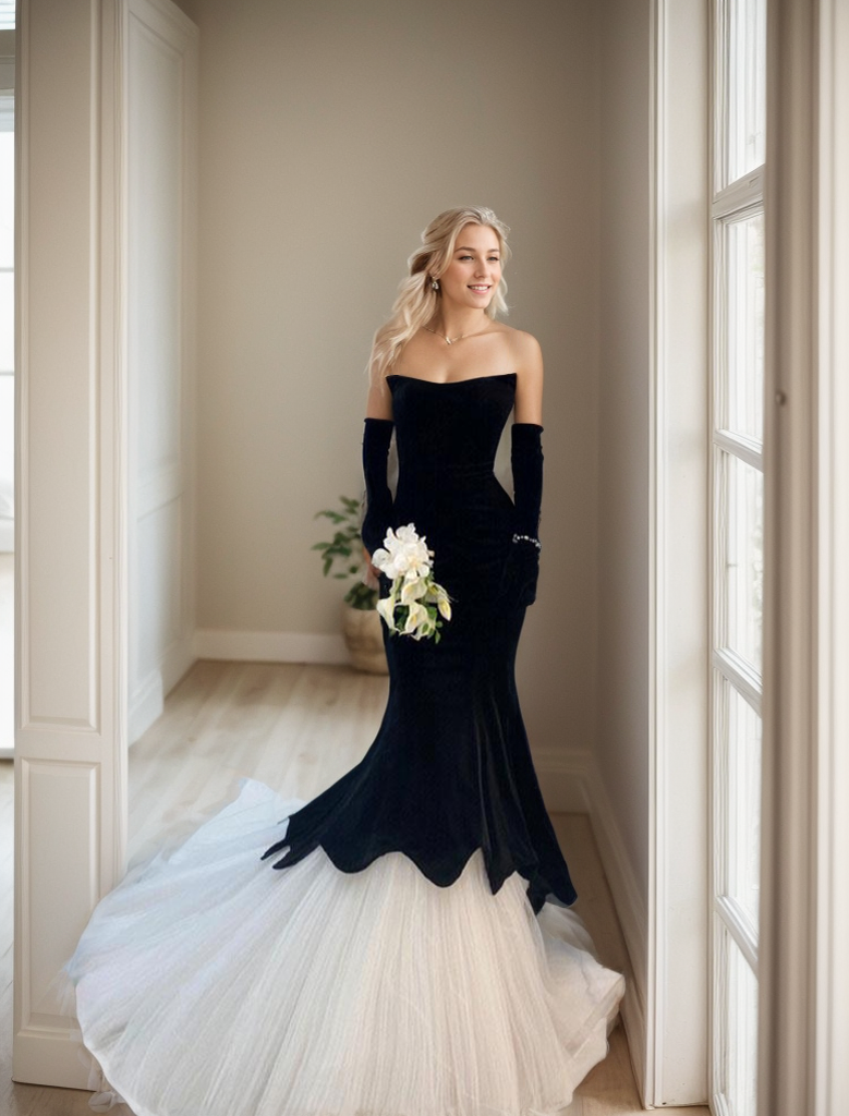 Herpben style strapless black velvet white tulle mermaid prom dress SelenaHuanStudio