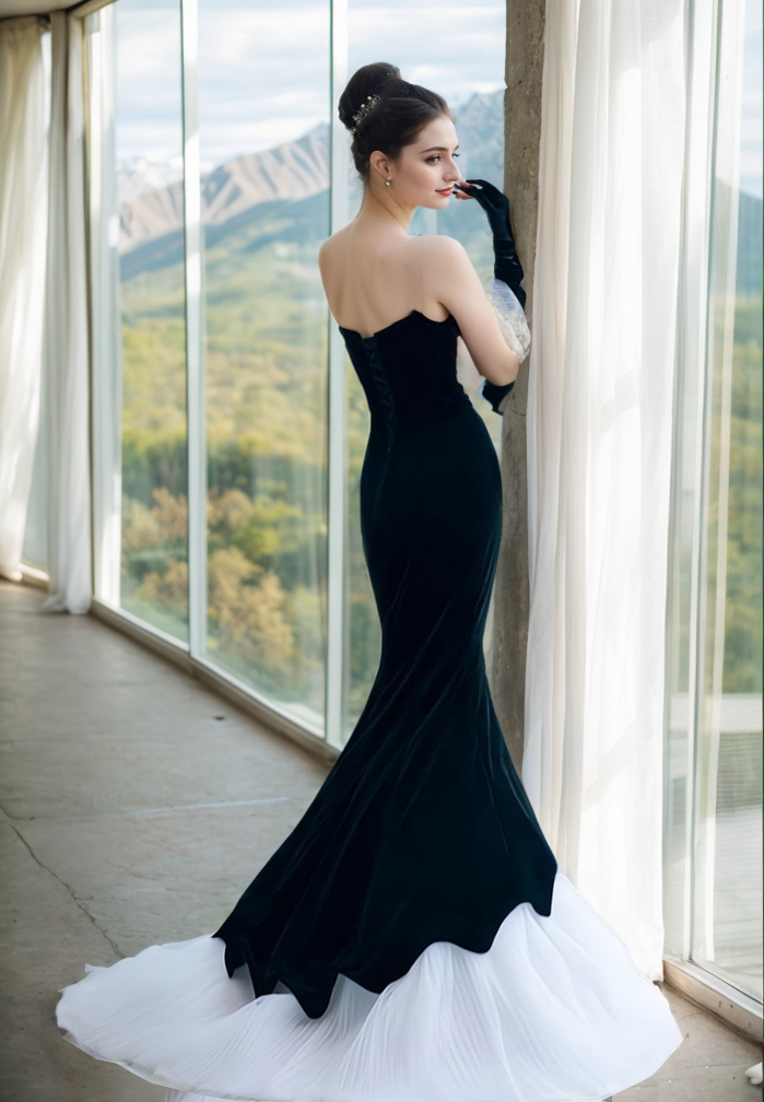 Herpben style strapless black velvet white tulle mermaid prom dress SelenaHuanStudio