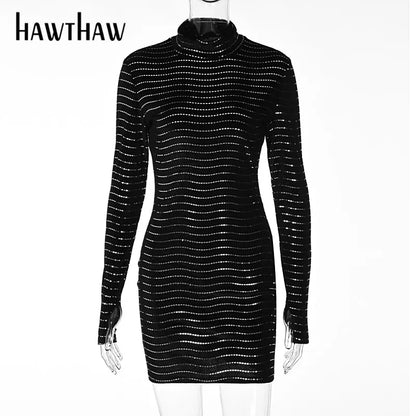 Hawthaw Women Fashion Autumn Winter Long Sleeve Bodycon Party Club Black Sequin Mini Dress 2021 Wholesale Items For Business LUXLIFE BRANDS