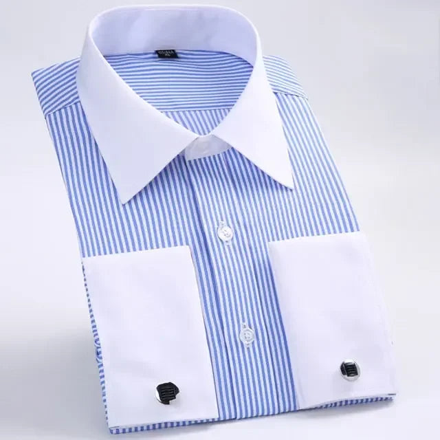Men&#39;s Classic French Cuffs Striped Dress Shirt Single Patch Pocket Standard-fit Long Sleeve Wedding Shirts Cufflink Included