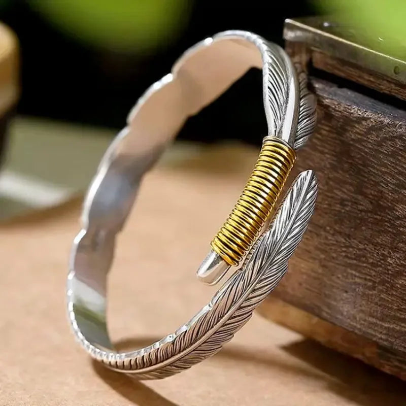 Silver Color Feather Cuff Bracelet for Men Women Vintage Adjustable Bracelet Bangle Fashion Jewelry - LUXLIFE BRANDS