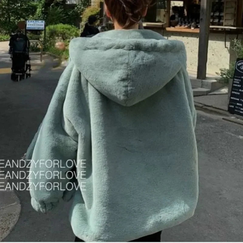 Women Korean Large Sizes Winter Casual Faux Rabbit Fur Coats Luxury Hooded Loose Thicken Warm Short Outerwear Female LUXLIFE BRANDS
