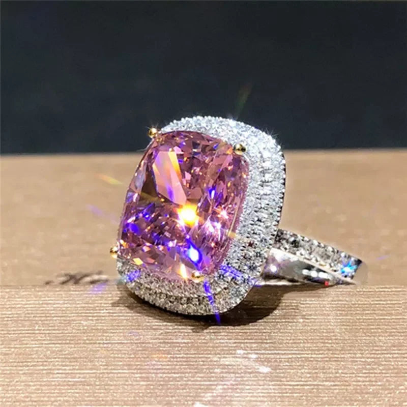 Huitan Personality Big Pink Cubic Zirconia Wedding Rings for Women Romantic Bridal Marriage Ceremony Party Rings Fashion Jewelry LUXLIFE BRANDS