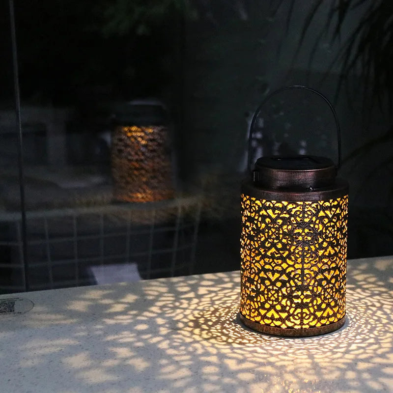 LED Solar Lantern Light Hollow Wrought Iron Projection Light Hanging Lamps Outdoor Waterproof Yard Garden Art Decoration