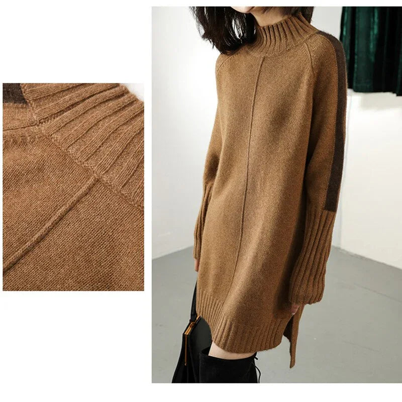 Women Autumn Winter Sweater Knitted Dresses Women Fashion Turtleneck Long Sweater Dress Ladies Warm Split Sweater Dress LUXLIFE BRANDS