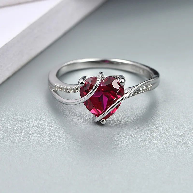 ATTAGEMS Heart Shape Ruby 925 Sterling Silver Ring 2.5 Carats Women Love Ring for Party Wedding and Engagement Romantic Gift