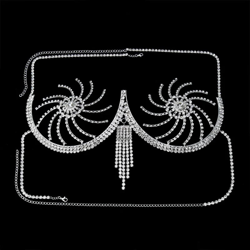 Luxury Crystal Swirl Micro Bikini Body Chain – Shimmering Rhinestone Tassel Bra & Exotic Chest Harness for Festivals, Raves & Clubwear