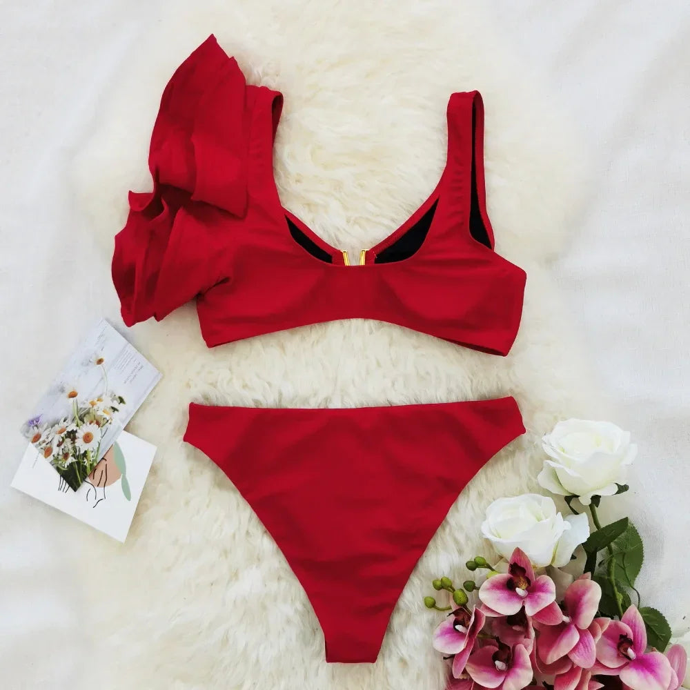 2024 Sexy Bikini Set Women High Waist Classic Off Solid Ruffle Sleeves Swimwear Red Separate Deep V Swimsuit Vintage Beach Set