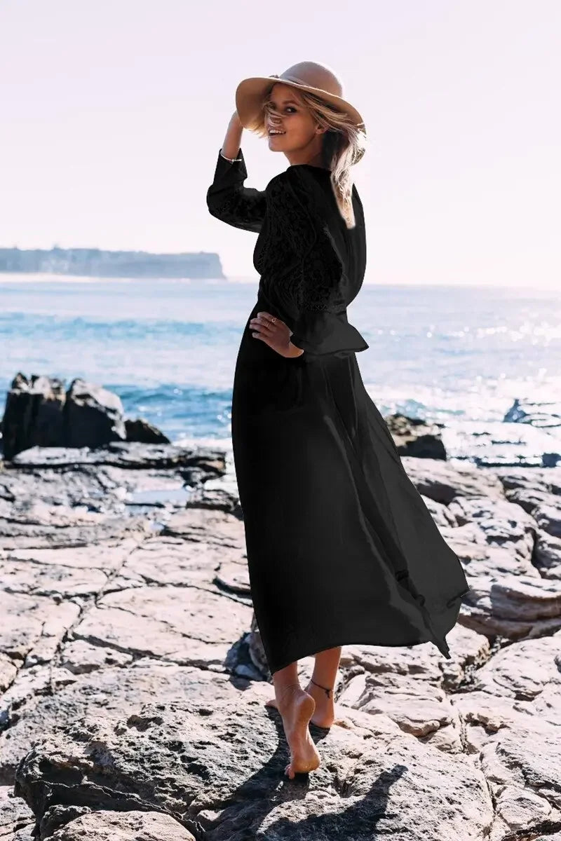 TEELYNN long sleeve beach cover dresses vintage lace white summer dress sexy deep v neck long women dress boho Bohemia vestidos