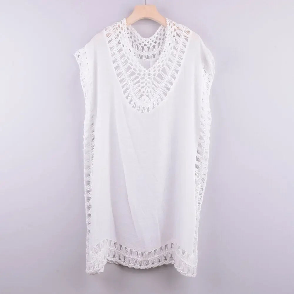 Embroidery Coverups For Women Tunic Beach Cover Up Dress Solid Blouse Beachwear Lace Fishnet Bikini Wrap 2021 Black Cover-Up