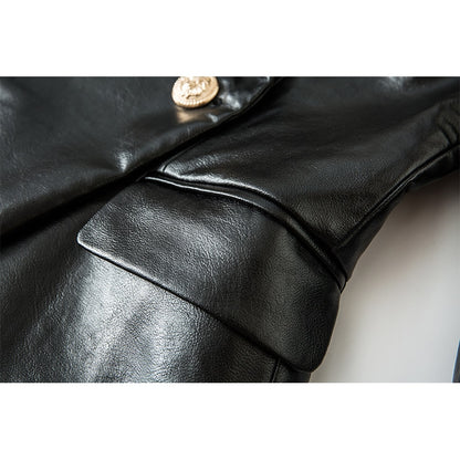 HarleyFashion European American Top Quality PU Leather Fittness Gold Buttons Slim High Street Women Black Blazer