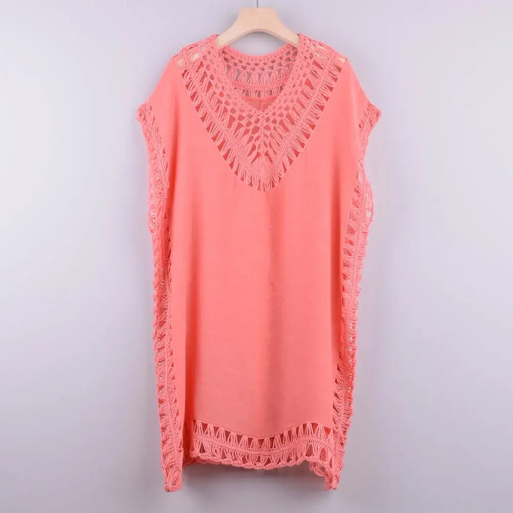 Embroidery Coverups For Women Tunic Beach Cover Up Dress Solid Blouse Beachwear Lace Fishnet Bikini Wrap 2021 Black Cover-Up