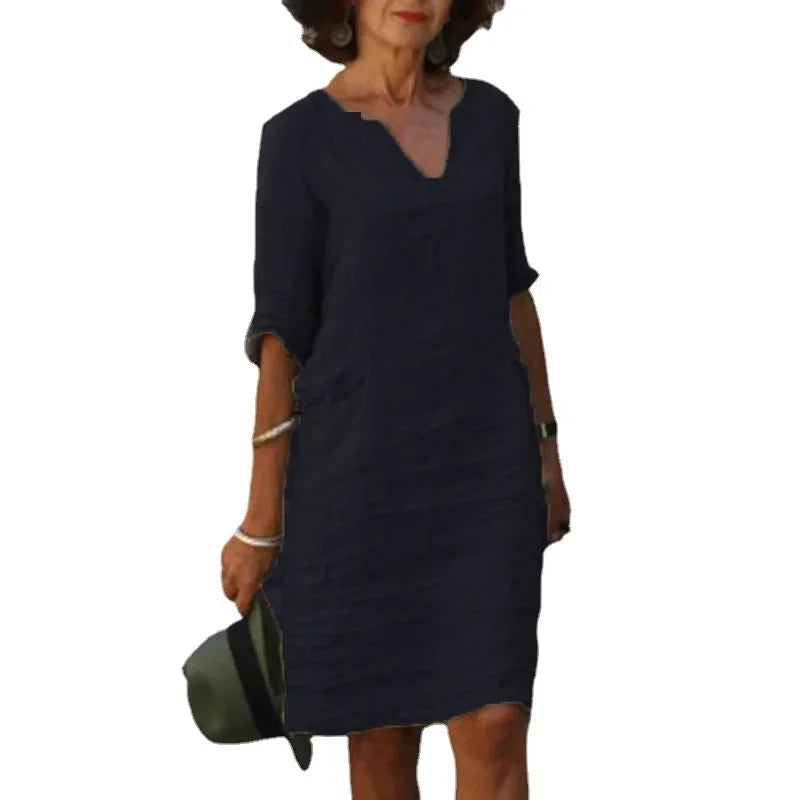 Vintage Women Solid Mini Dress Summer Fashion V-neck Three Quater Sleeve Cotton Linen Dress Ladies Casual Holiday Vestidos LUXLIFE BRANDS