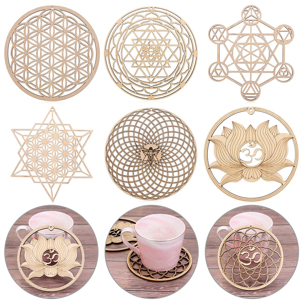 Chakra Flower of Life Natural Wood Coasters For Crystal Set