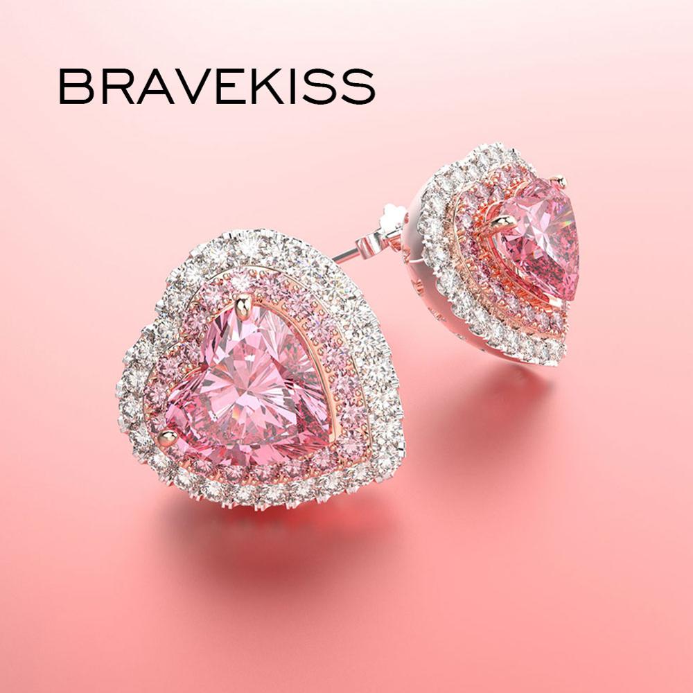 Bravekisse Pink Sweet Stud Earring heart For Female fashion Jewelry Cute Barbie CZ zircon Lovely accessories for girl BUE0601