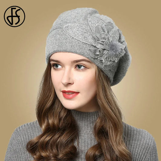 FS Women Berets Knitted Wool Hats Winter Flowers Warm Female Cap Girls Beanies Rabbit Fur Hat Gorros Bonnet Femme Hiver 2020 LUXLIFE BRANDS