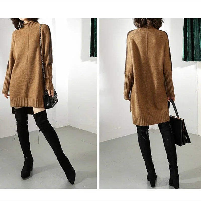 Women Autumn Winter Sweater Knitted Dresses Women Fashion Turtleneck Long Sweater Dress Ladies Warm Split Sweater Dress LUXLIFE BRANDS