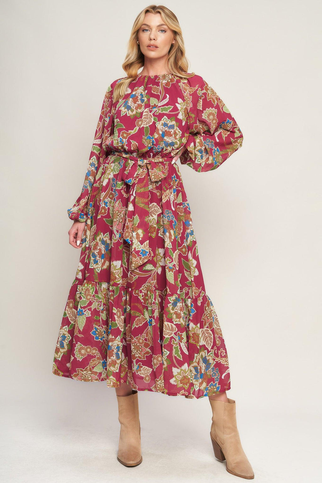 FLORALLY CHIC WOVEN MIDI DRESS Flying Tomato