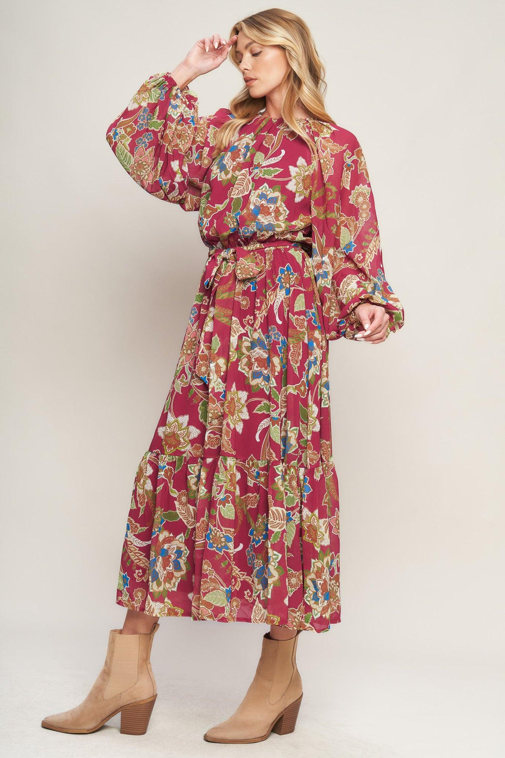FLORALLY CHIC WOVEN MIDI DRESS Flying Tomato
