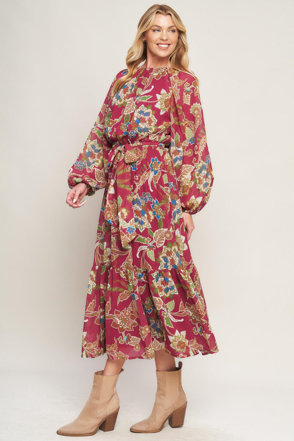 FLORALLY CHIC WOVEN MIDI DRESS Flying Tomato