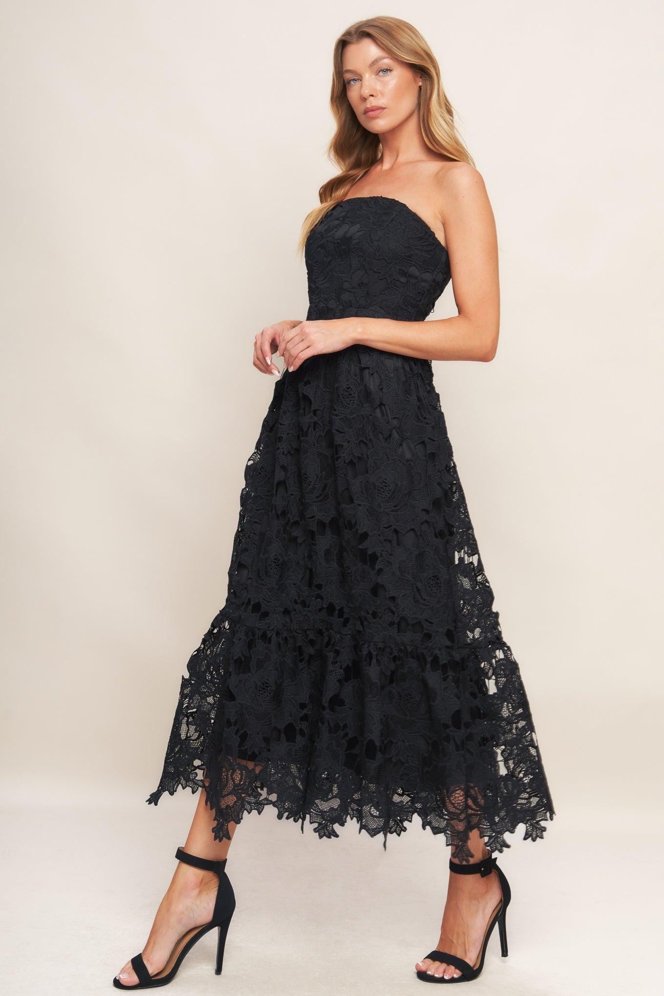 CAREFREE NIGHTS BLACK LACE MIDI DRESS Flying Tomato