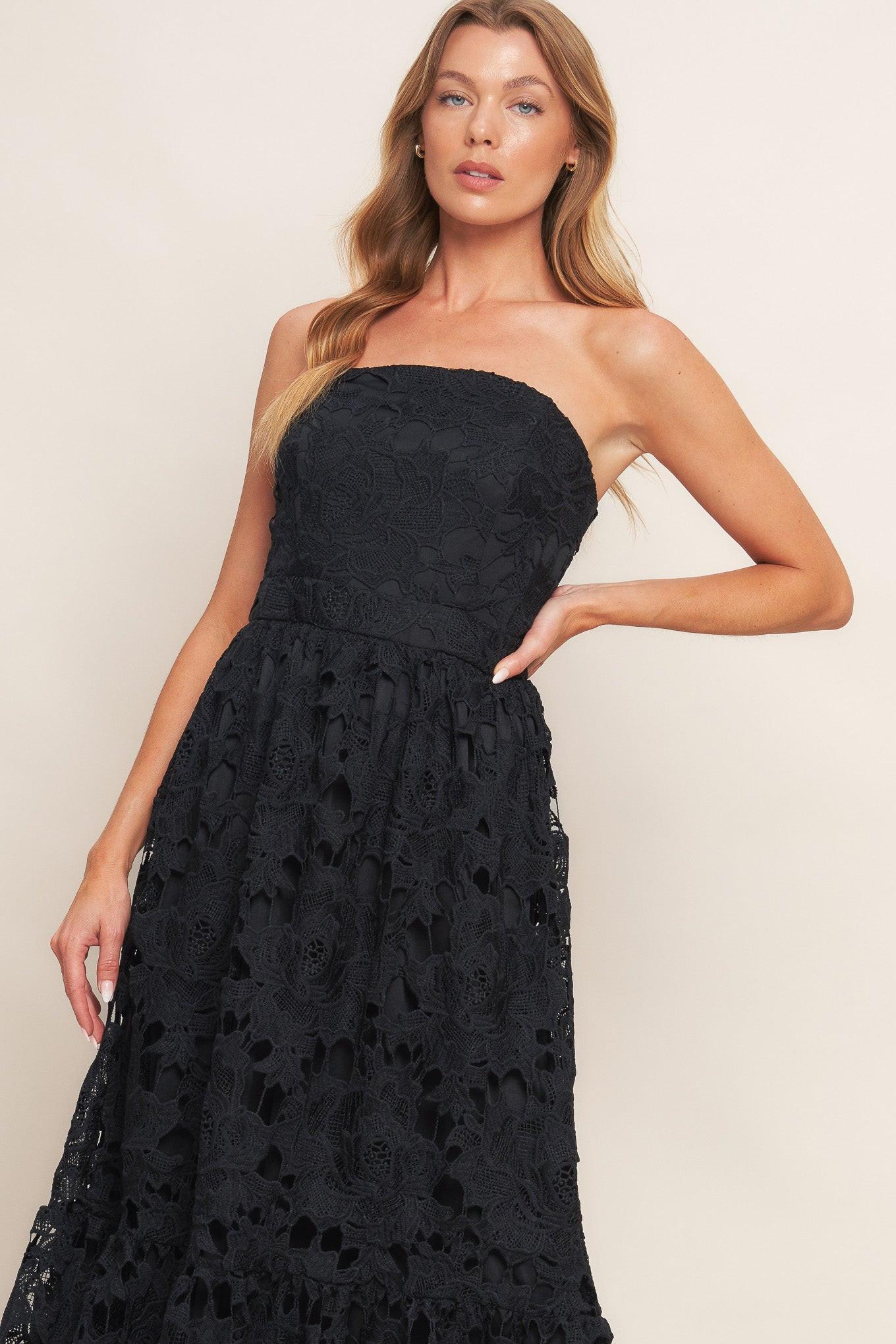 CAREFREE NIGHTS BLACK LACE MIDI DRESS Flying Tomato