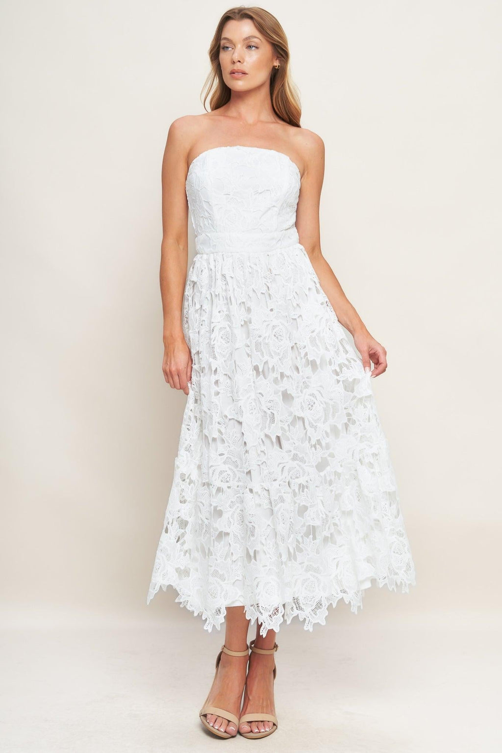 CAREFREE NIGHTS LACE OFF WHITE MIDI DRESS Flying Tomato