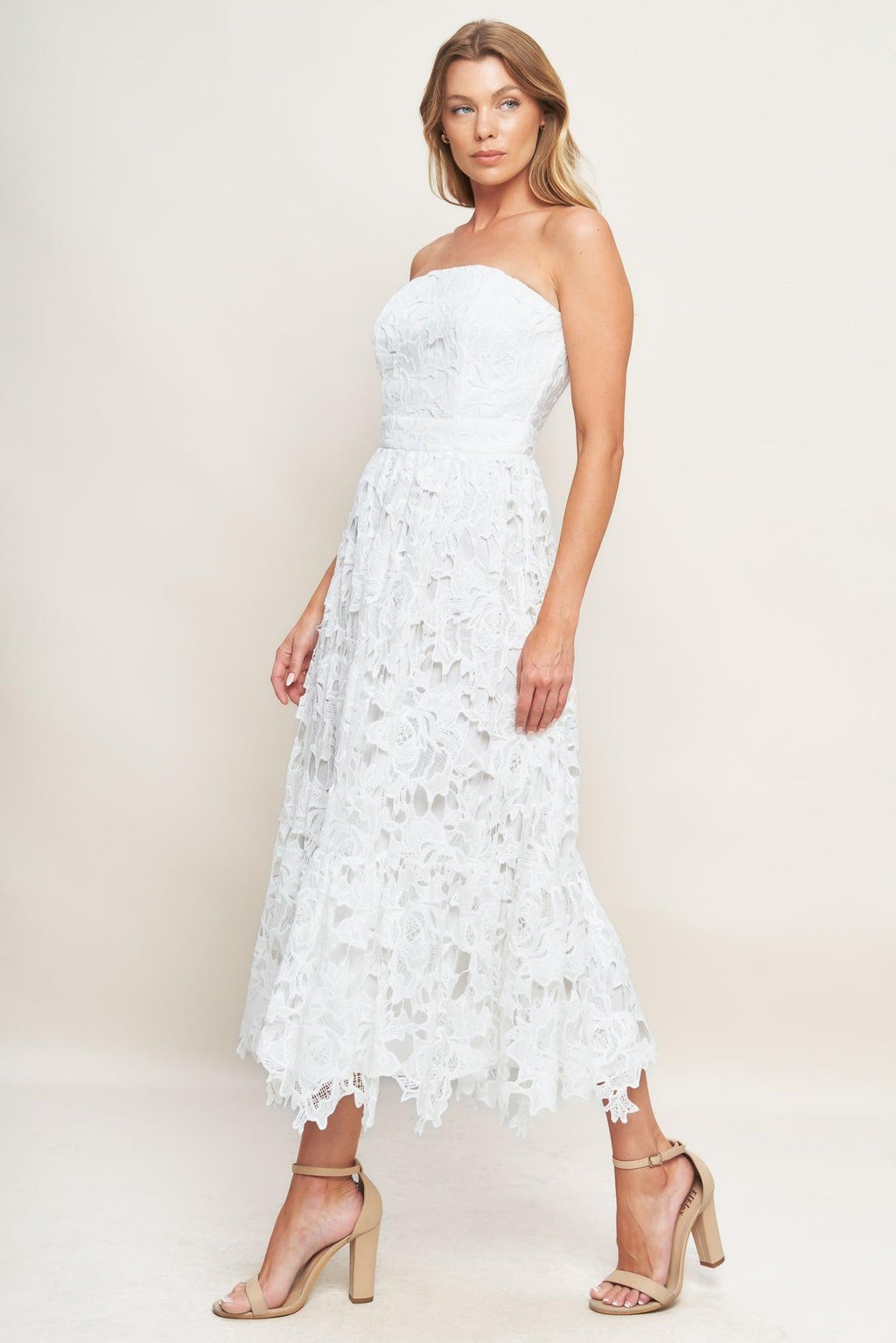 CAREFREE NIGHTS LACE OFF WHITE MIDI DRESS Flying Tomato