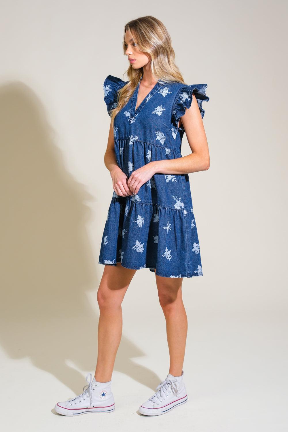 ROMANTICALLY ENTANGLED DENIM MINI DRESS Flying Tomato