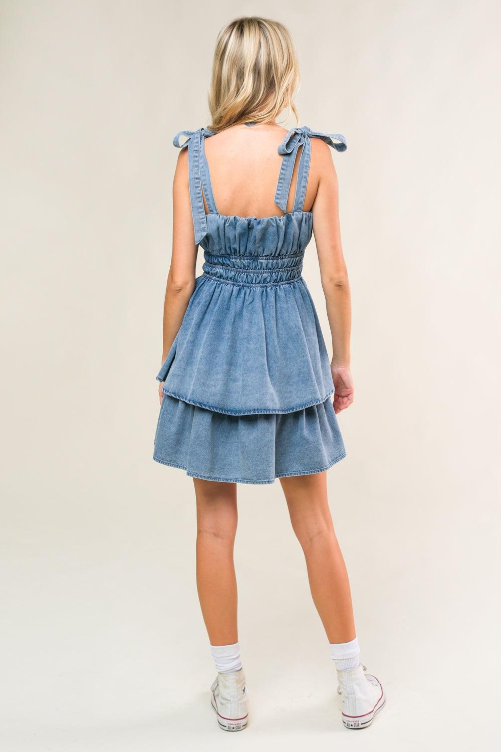 ALONG THE SHORELINE DENIM MINI DRESS Flying Tomato