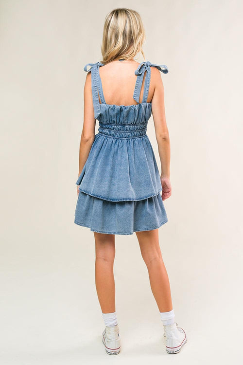 ALONG THE SHORELINE DENIM MINI DRESS Flying Tomato