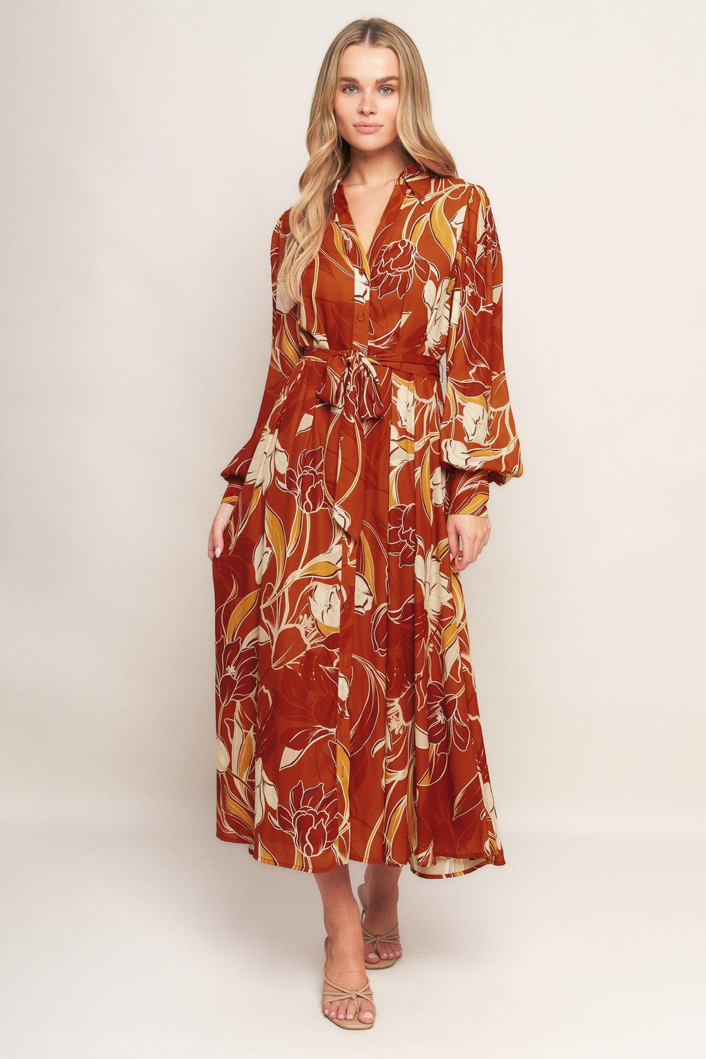 BLOOMING RADIANCE WOVEN MIDI DRESS Flying Tomato