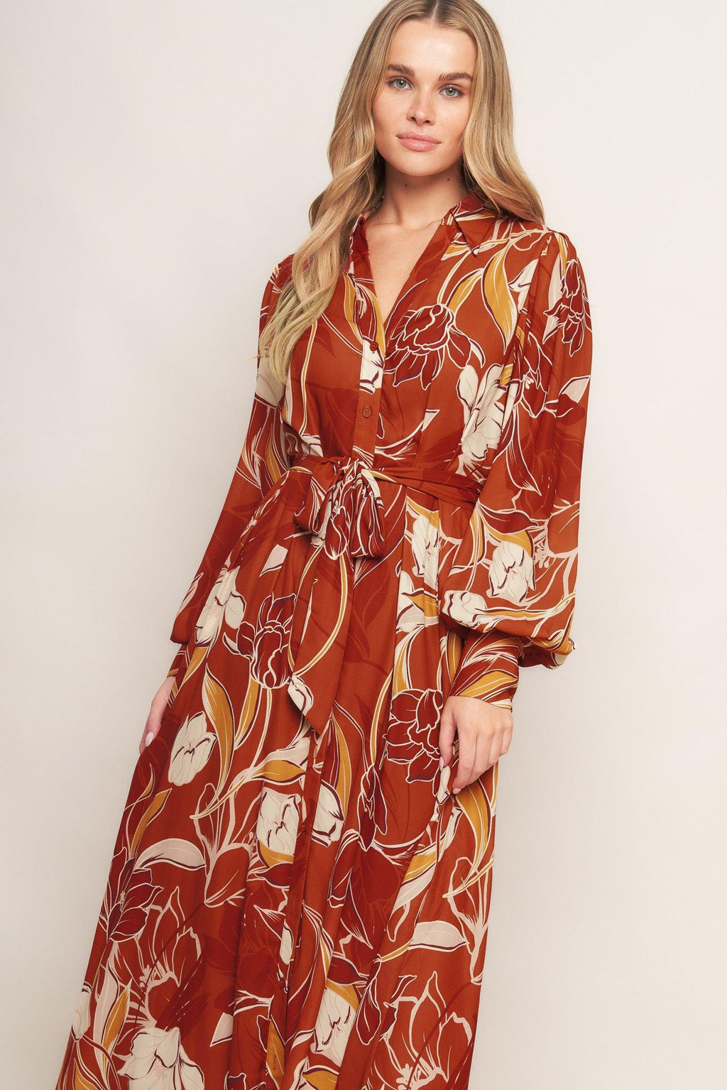 BLOOMING RADIANCE WOVEN MIDI DRESS Flying Tomato