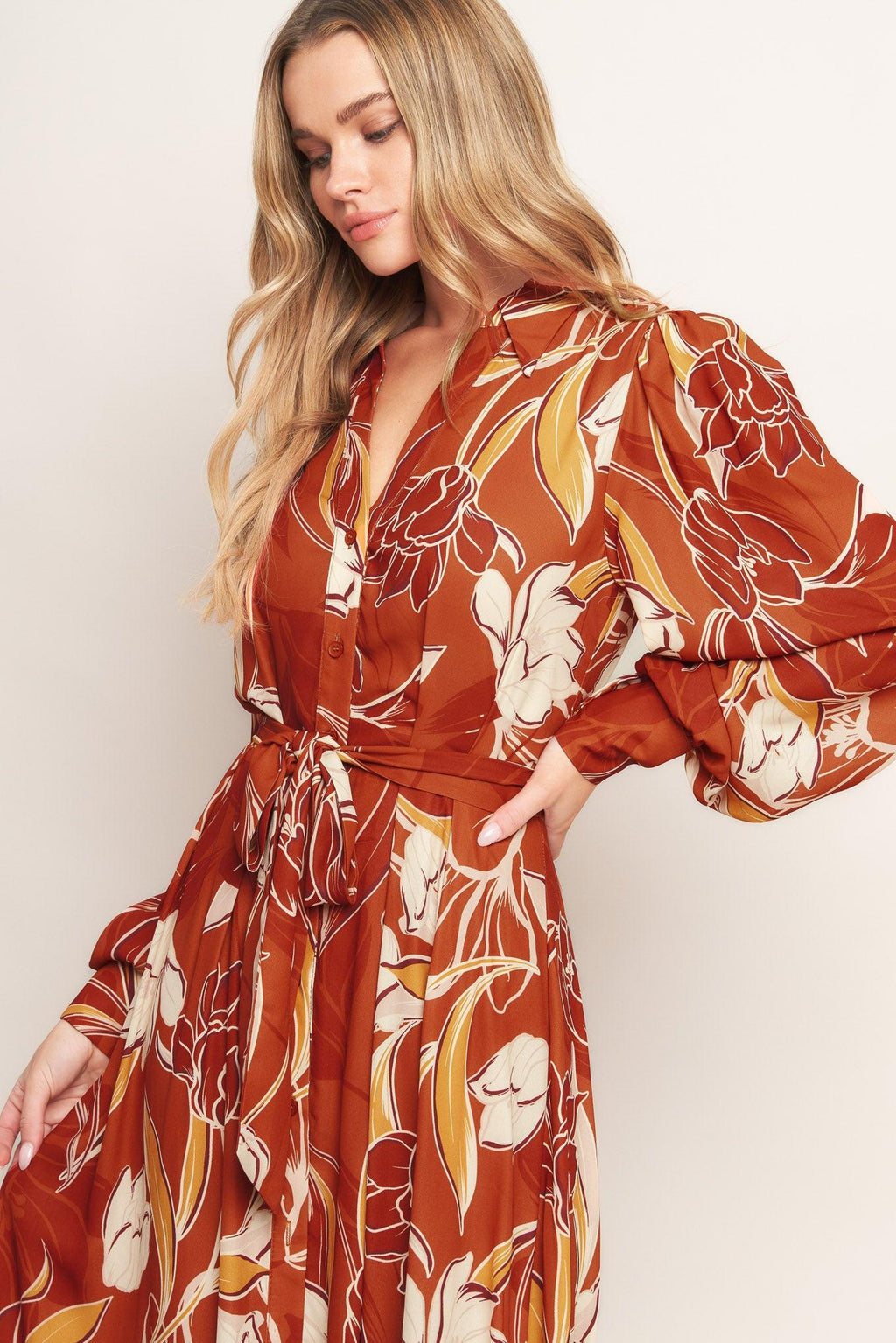 BLOOMING RADIANCE WOVEN MIDI DRESS Flying Tomato