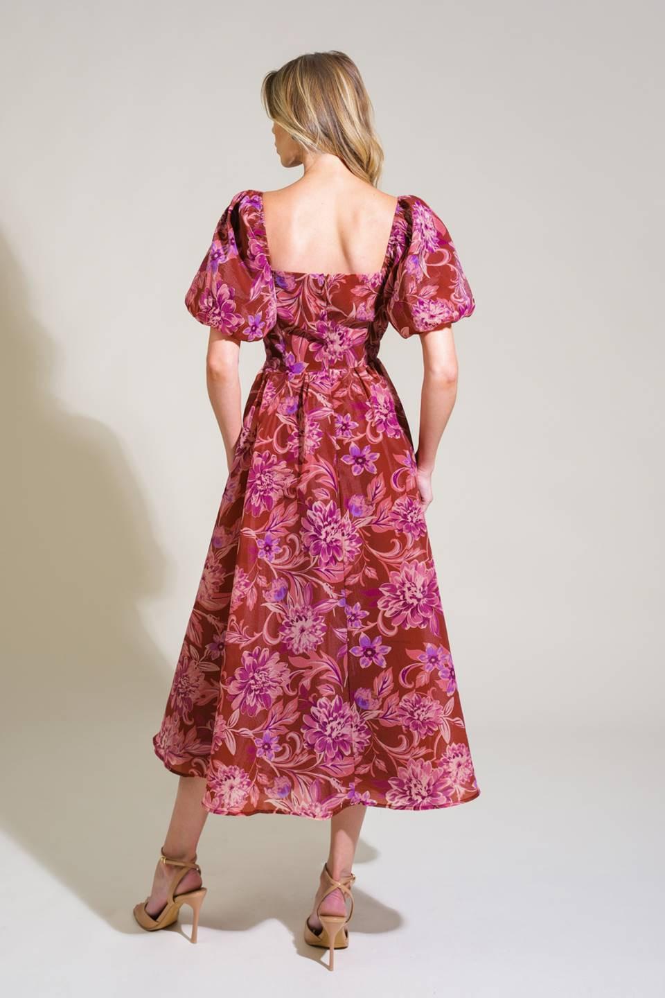 RADIANT DAY FLORAL WOVEN MIDI DRESS Flying Tomato