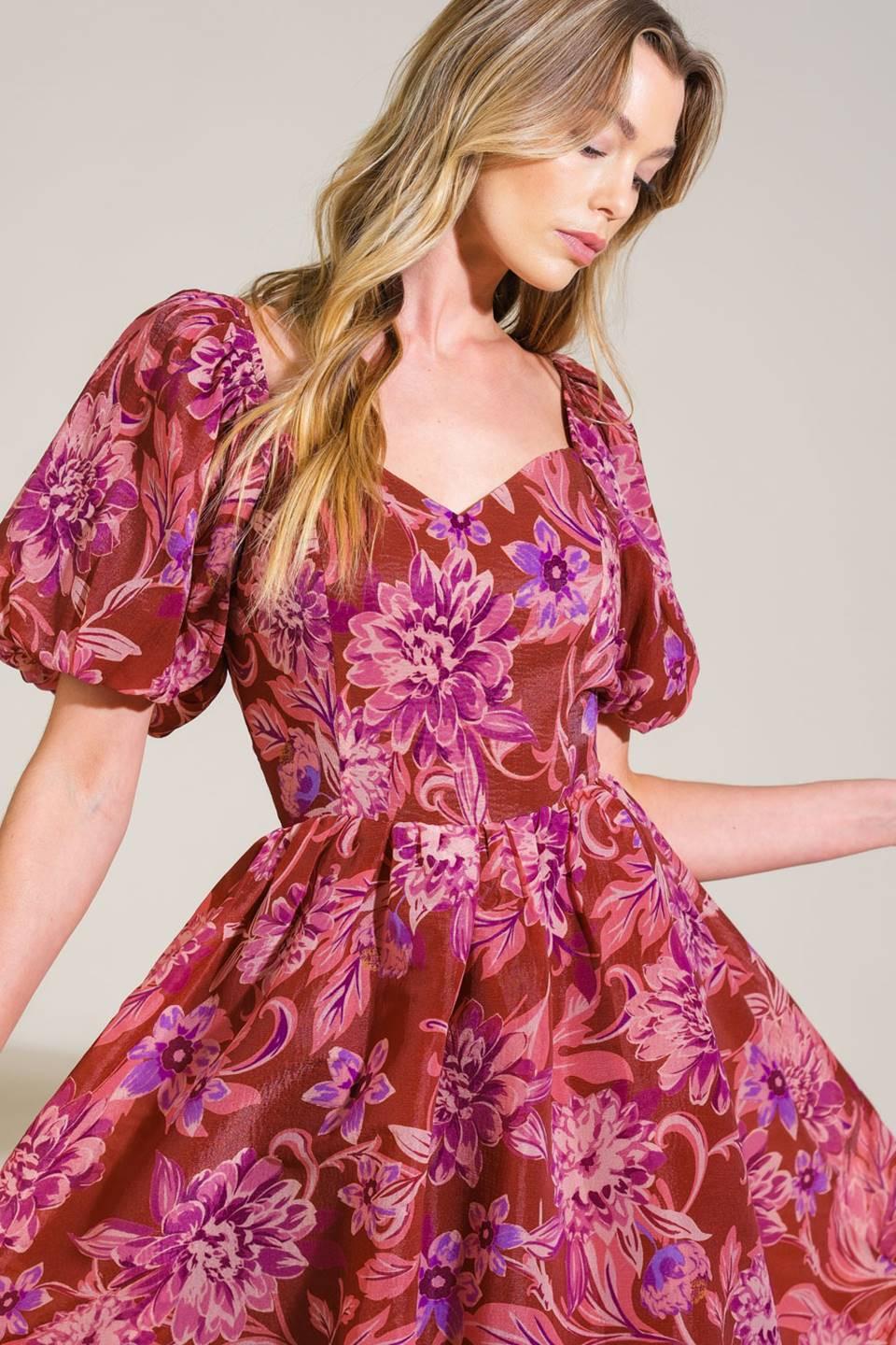 RADIANT DAY FLORAL WOVEN MIDI DRESS Flying Tomato